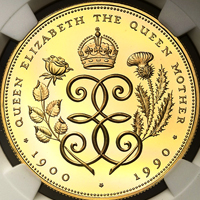 皇太后生誕90年記念（通称名：バラとアザミ）5ポンド金貨 1990年 NGC PF70UltraCameo